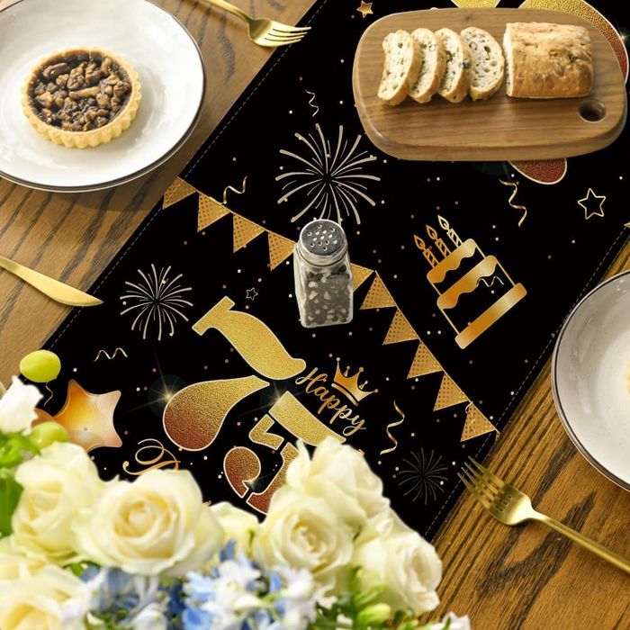 Dekoracja Stołu na Przyjęcie 75 Urodziny  Czarny Złoty 40x140 cm