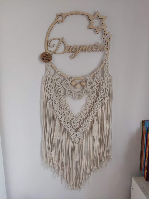 Łapacz snów imienny na kole makrama Boho ecru