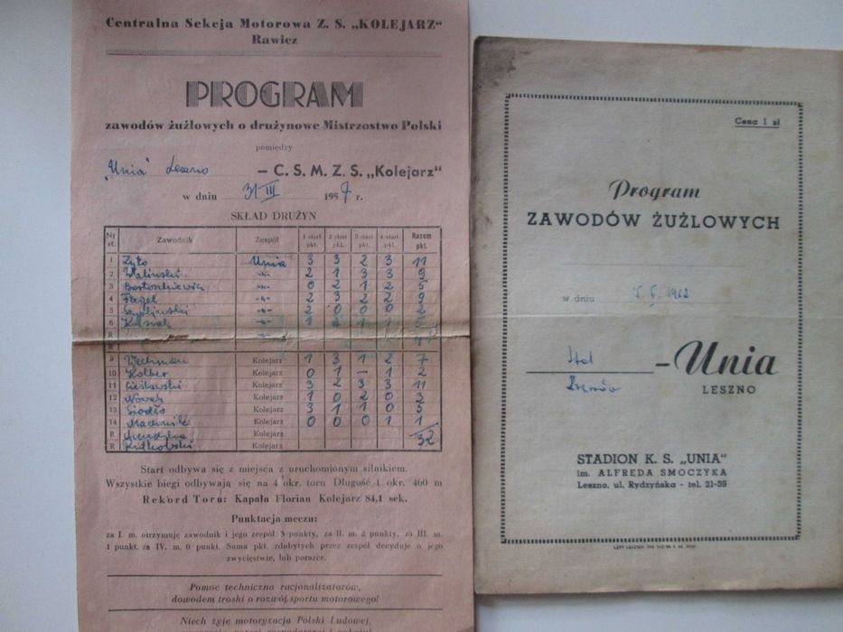 Programy Żużlowe Rawicz 1954/59 Wrocław Gniezno Łódż Rzeszów Warszawa