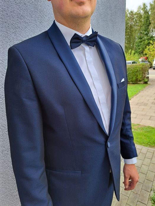 Garnitur ślubny marynarka smokingowa spodnie dla wysokiego pana granat