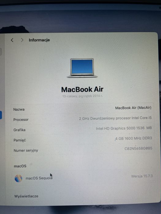 MacBook Air 13” Early 2014 (A1466) – sprawny, macOS Sequoia 15.7.3