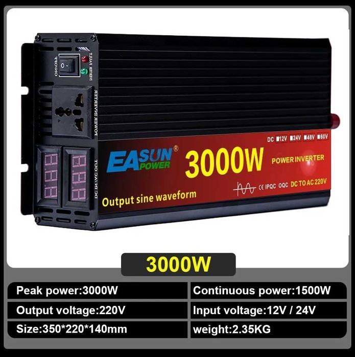 Inversor de onda pura 24v para 220v 3000Watts camiões - Novo