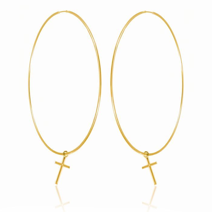 Eleganckie Pozłacane Srebrne Kolczyki Duże Gładkie Koła Kółka 7Cm Z Krzyżykiem Srebro 925 Ptringkr15G_70