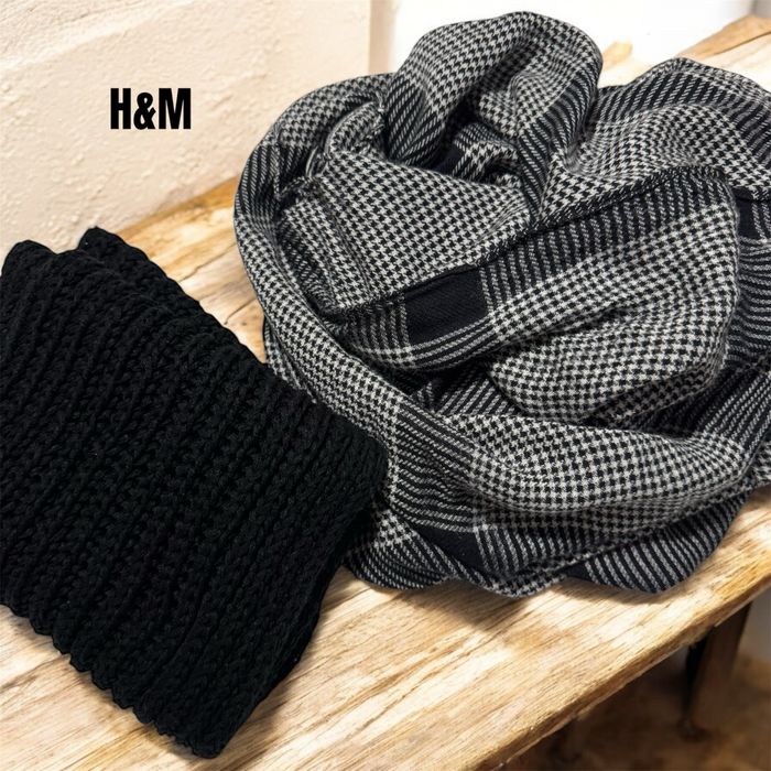 Zestaw H&M czarny zimowy gruby szalik chusta w drobną pepitkę kratkę