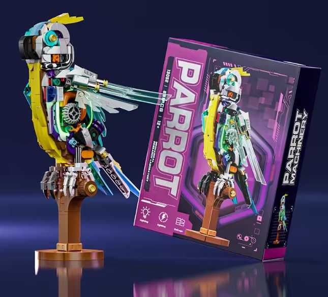 klocki konstrukcyjne mechaniczna papuga 688el led box