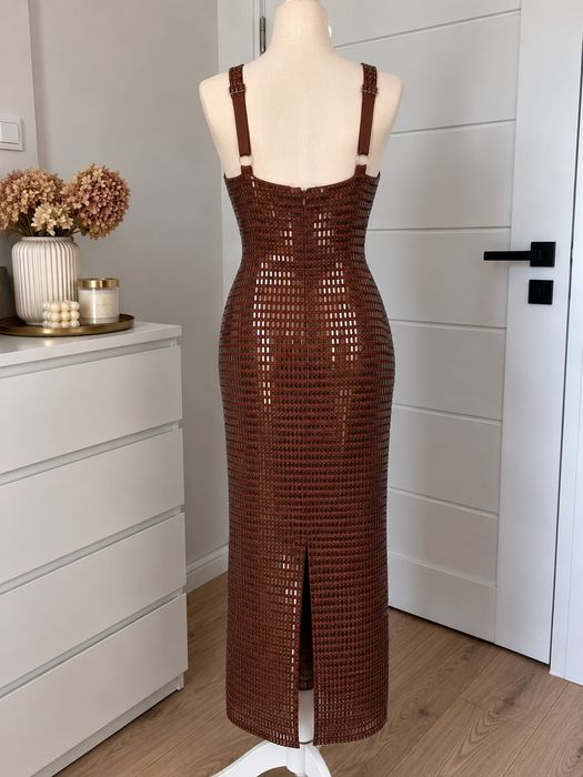 Brązowa kryształkowa sukienka zdobiona Karen Millen M 38