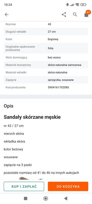 Skórzane sandały męskie r. 43