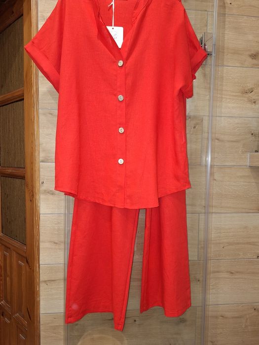 Lniane czerwone spodnie uni