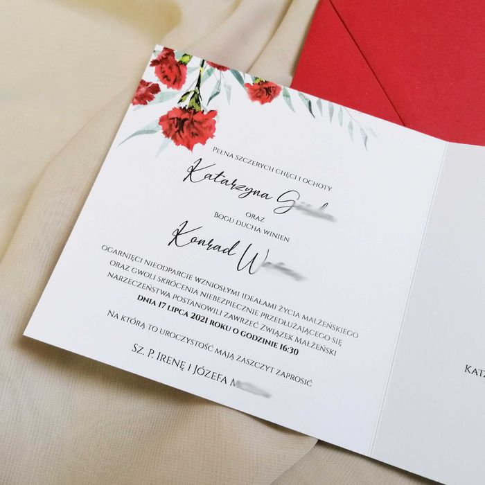 Zaproszenia na ślub - czerwone goździki
