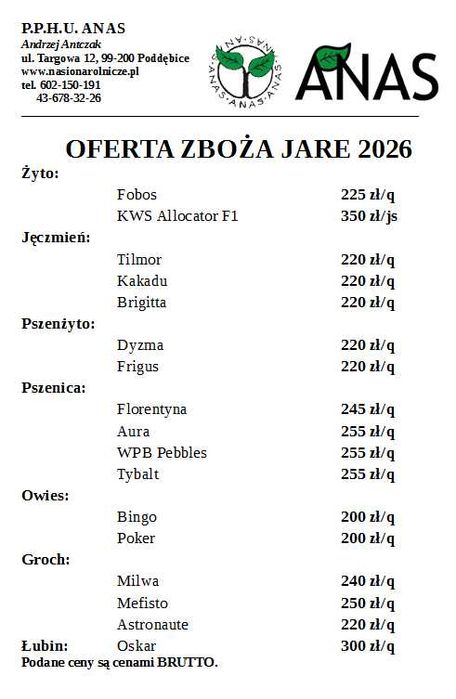 Kwalifikowany materiał siewny Pszenżyto Dyzma C1 NOWOŚĆ!!!