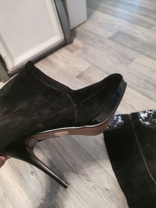 Buty długie cekiny cyrkonie czarne szpilka brązowe zamsz