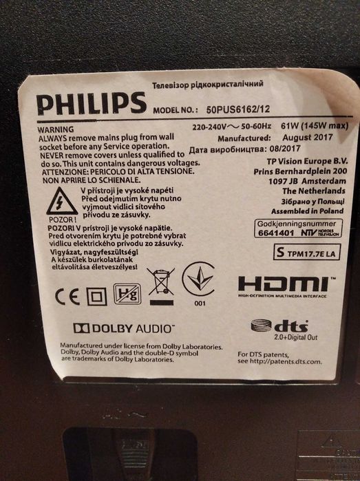 TV Philips 50PUS6162/12 para reparação / peças