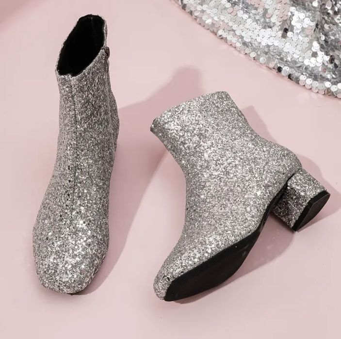 Nowe! Botki brokatowe imprezowe disco srebrne 38