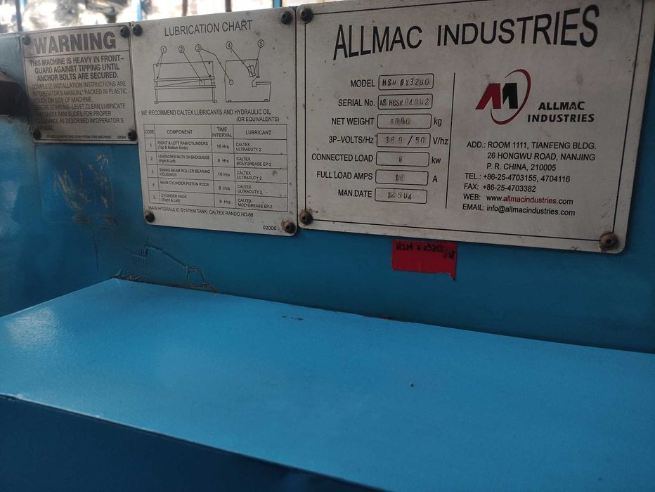hydrauliczne nozyce gilotynowe do blachy gilotyna  8X3200MM ALLMAC