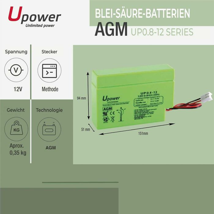 Akumulator U-Power AGM 12 V 0,8 Ah hermetyczny i bezobsługowy