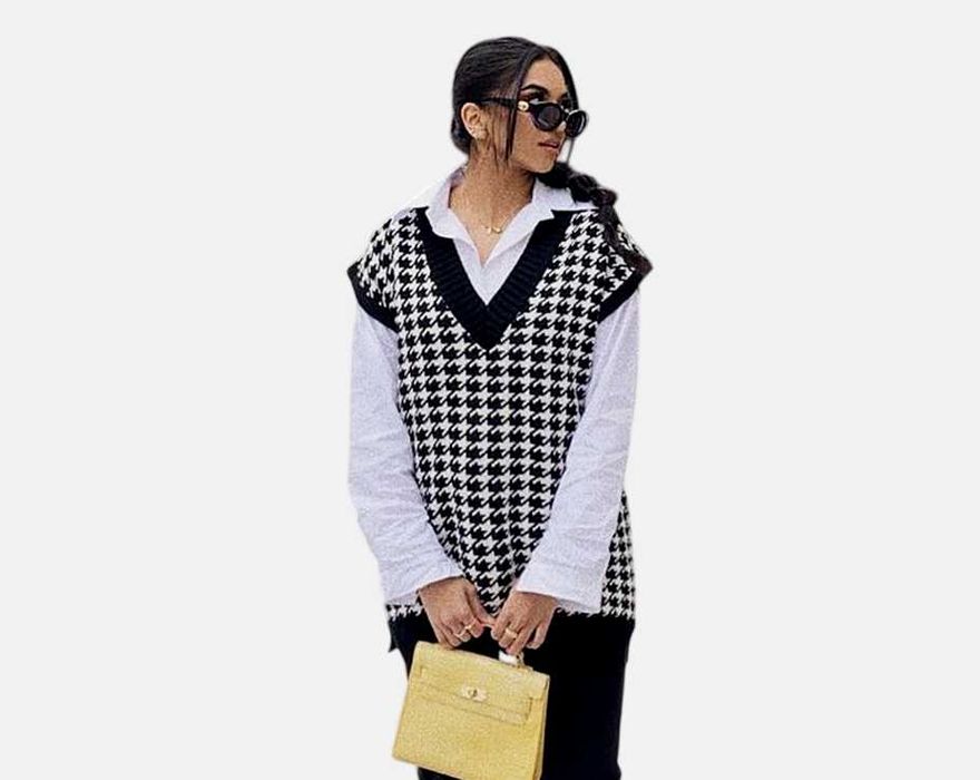 В'язаний жилет оверсайз у принт гусяча лапка 22-й розмір