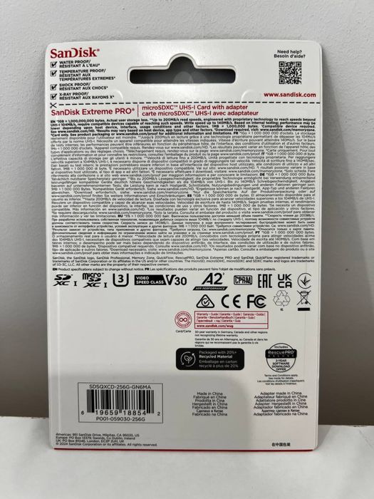 SanDisk microSDXC 256GB Extreme PRO V30 Class 10 (SDSQXCZ256GGN6MA)