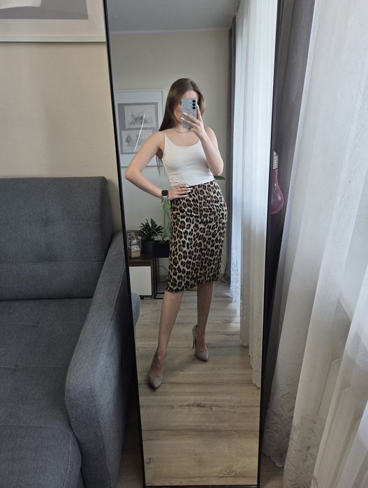 Nowa spódnica za kolano wysoki stan Mango XS panterka leopard gepard