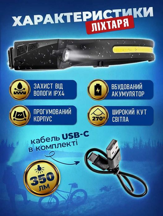 Налобный фонарь Фонарик налобный Налобний ліхтар + Датчик руху