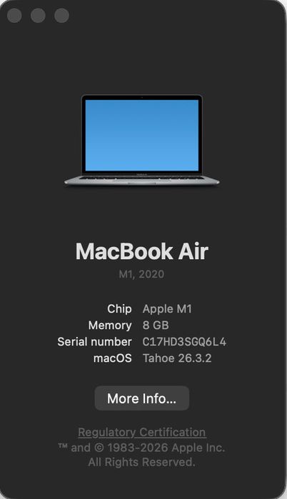 Macbook Air M1 13" 8GB RAM 256GB Disco