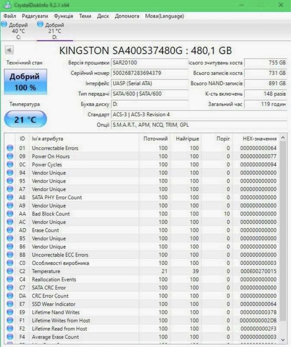 SSD накопитель Kingston A400 480GB 2.5" SATA III (SA400S37/480G)