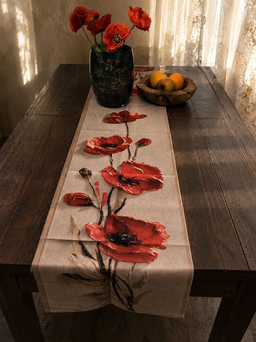 Bieżnik na Stół Maki Kwiaty Czerwone Dekoracja Stołu Boho