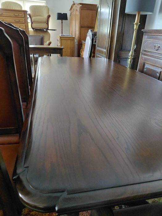 Elegancki dębowy komplet stół + 6 krzeseł skórzana tapicerka
