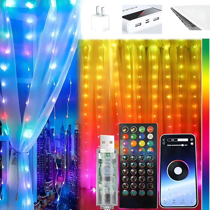 Многоцветная гирлянда-штора SFK-06 3х3м, USB управление APP, Bluetooth