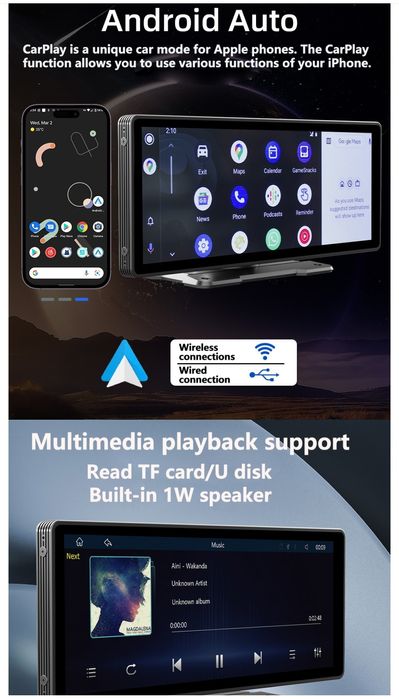 Auto Rádio Carplay MP5 portátil de 10,26 pol com bluetooth, tela HD