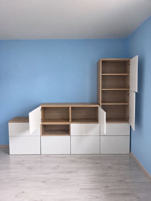 IKEA BESTÅ zestaw mebli / szafka RTV / regał, szafa biały połysk