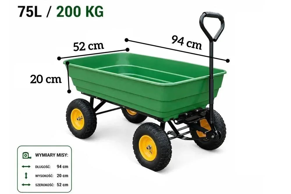 NOWY Wózek Transportowy 200kg / 75 litrów Ogrodowy Taczka Wywrotka Przyczepka Skrętna Z Uchwytem Metalowy Do Ogrodu Wożenia Piachu Dzieci Na Działkę