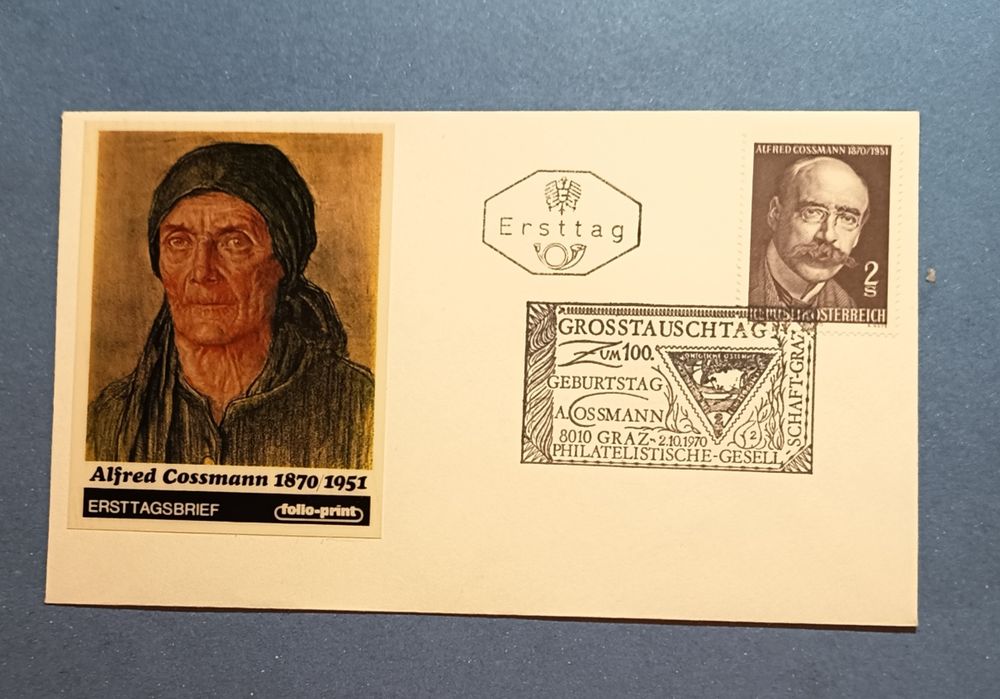 FDC 100. rocznica urodzin Alfreda Cossm. Znaczek i zdjęcie