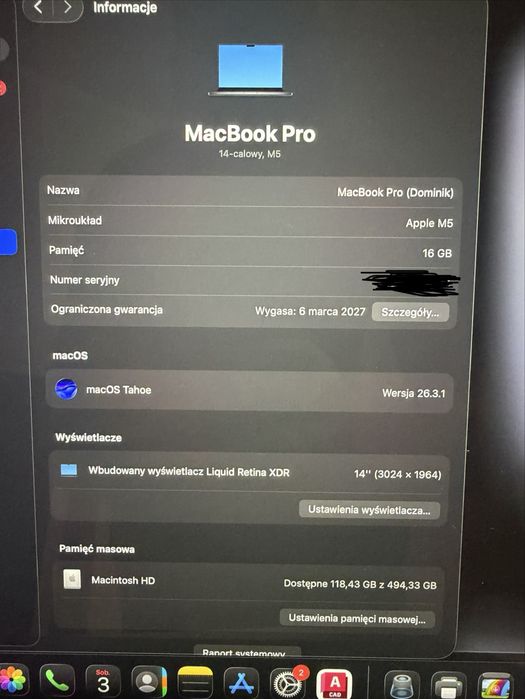 MacBook Pro 14” M5 16GB 512GB Space Black | 100% bateria | Gwarancja