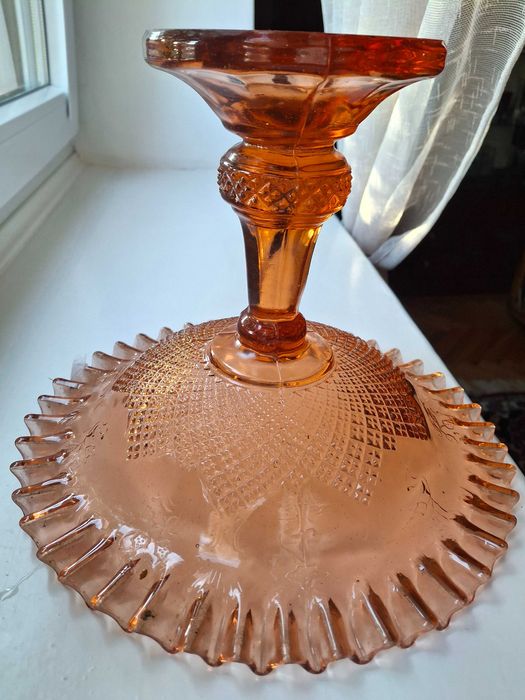 Duża szklana patera na stopce herbaciana PRL