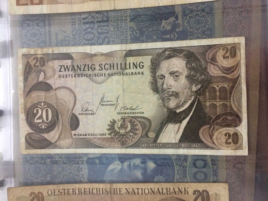 ÁUSTRIA 3 Notas de 20 Schilings usadas, em BC de 1956, 1967 e 1986