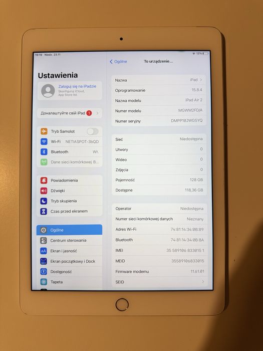 Ipad air 2 128gb + LTE bez wyświetlaćza