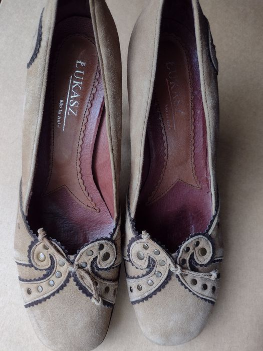 Czółenka damskie brąz/khaki skóra zamsz r.39,5