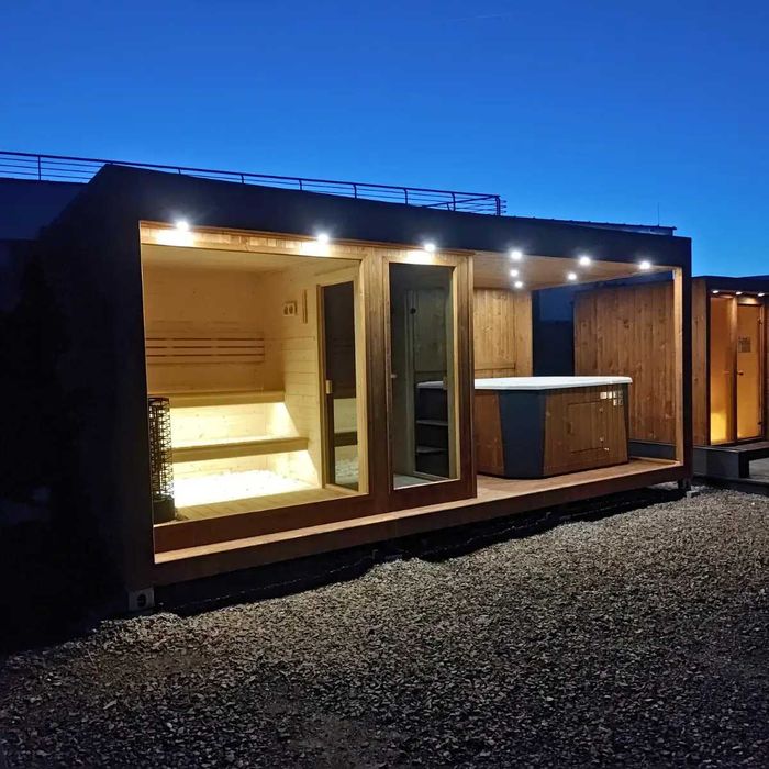Sauna ogrodowa 6 × 2,5 m + JACUZZI  gotowa strefa SPA — PRODUCENT