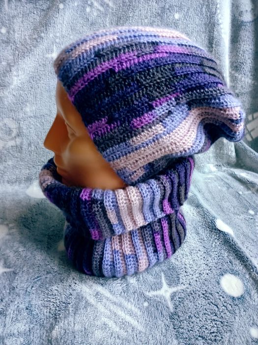 Handmade czapka Smerfetka + komin fiolet mix