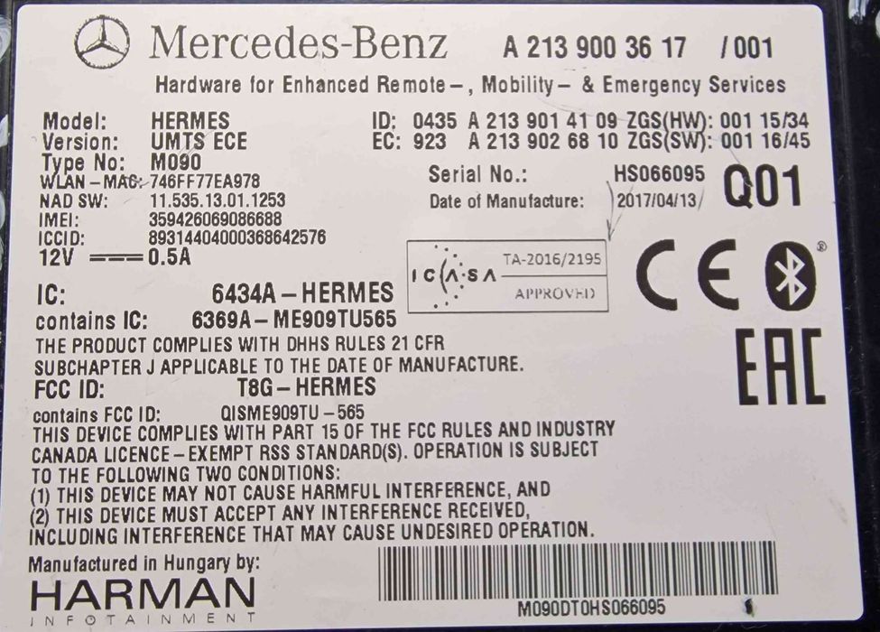 Módulo Bluetooth A2139003617 - MERCEDES-BENZ E-CLASS