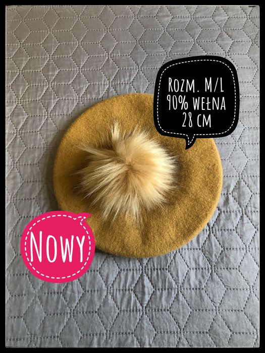 780.Nowy. r.M/L. Reserved. Żółty/musztardowy beret wełniany z pomponem