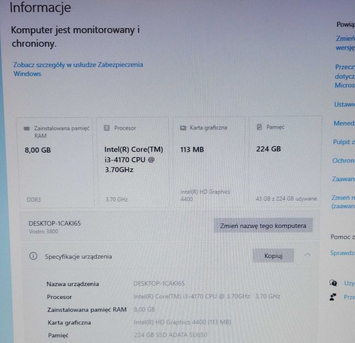 Komputer DELL Vostro 3800, i3-4170, 8gb DDR3, bez dysku, Win 10 Pro