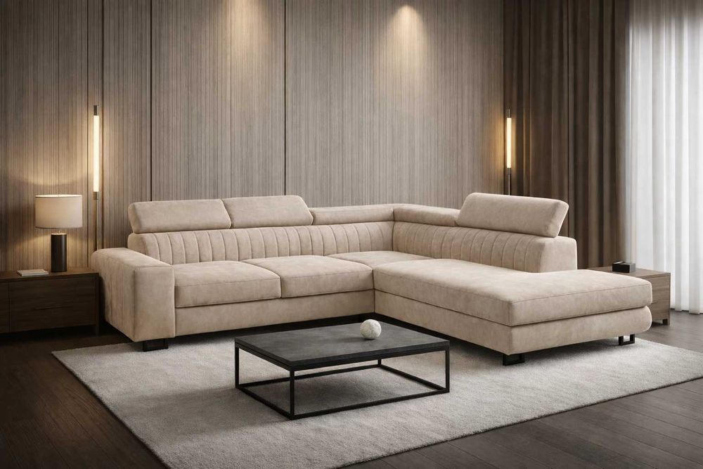 Narożnik Cassie z funkcją spania 253cm regulowane zagłówki