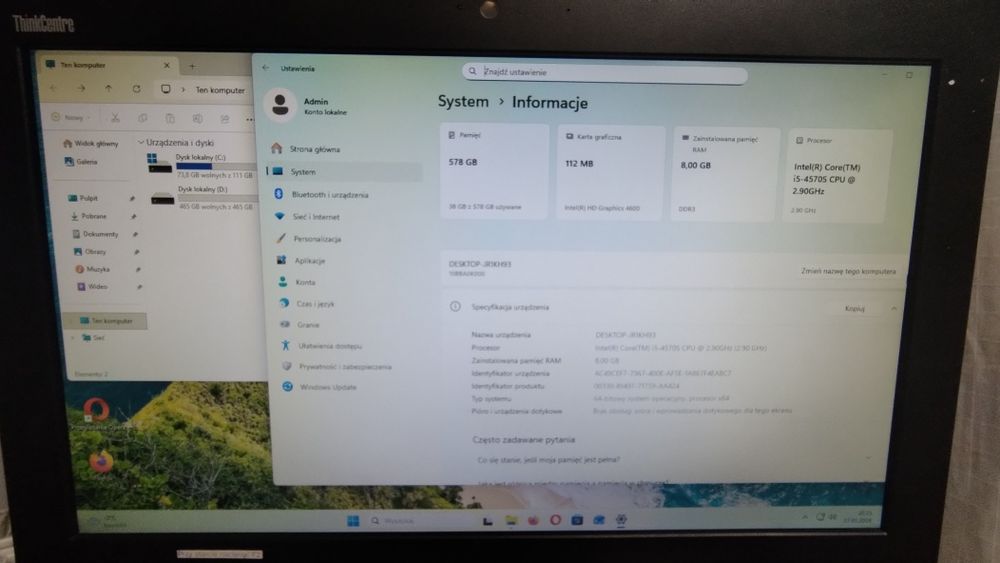 Komputer AIO Lenovo M73z I5 4x2,90G/DDR3 8G/SSD64G/HDD500G/DVD/Win11P
