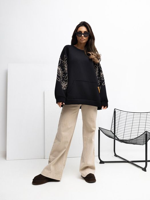 Bluza damska czarna RUE PARIS haft kangurka oversize bufiasty rękaw