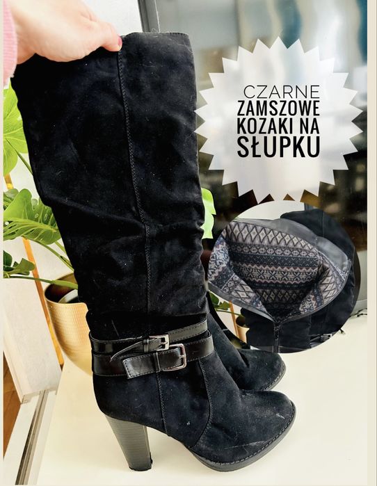 Wysokie marszczone zimowe zamszowe czarne kozaki na słupku 37