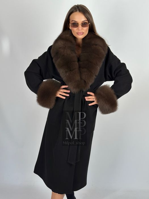 Женское кашемировое пальто с натуральным мехом песца, 42-56 размеры
