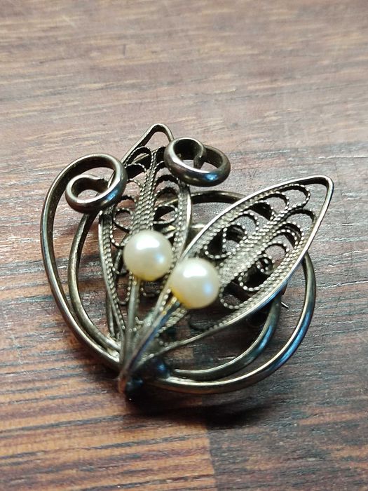 Stara broszka liść z perłami filigran handmade vintage retro