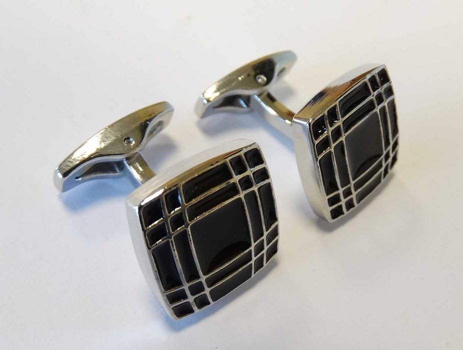 Spinki mankietowe do mankietów koszuli czarne kwadratowe srebrne nowe