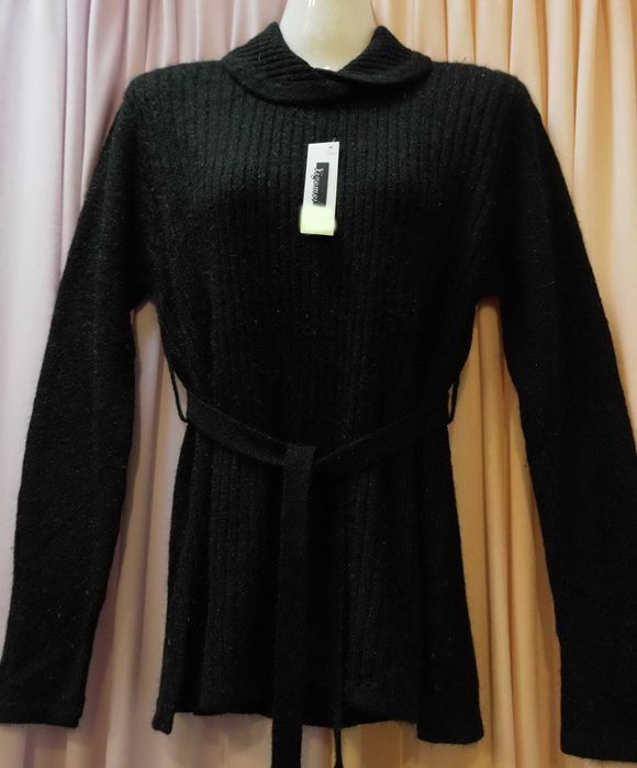 Кофта свитер черная удлиненная с поясом р.М 46